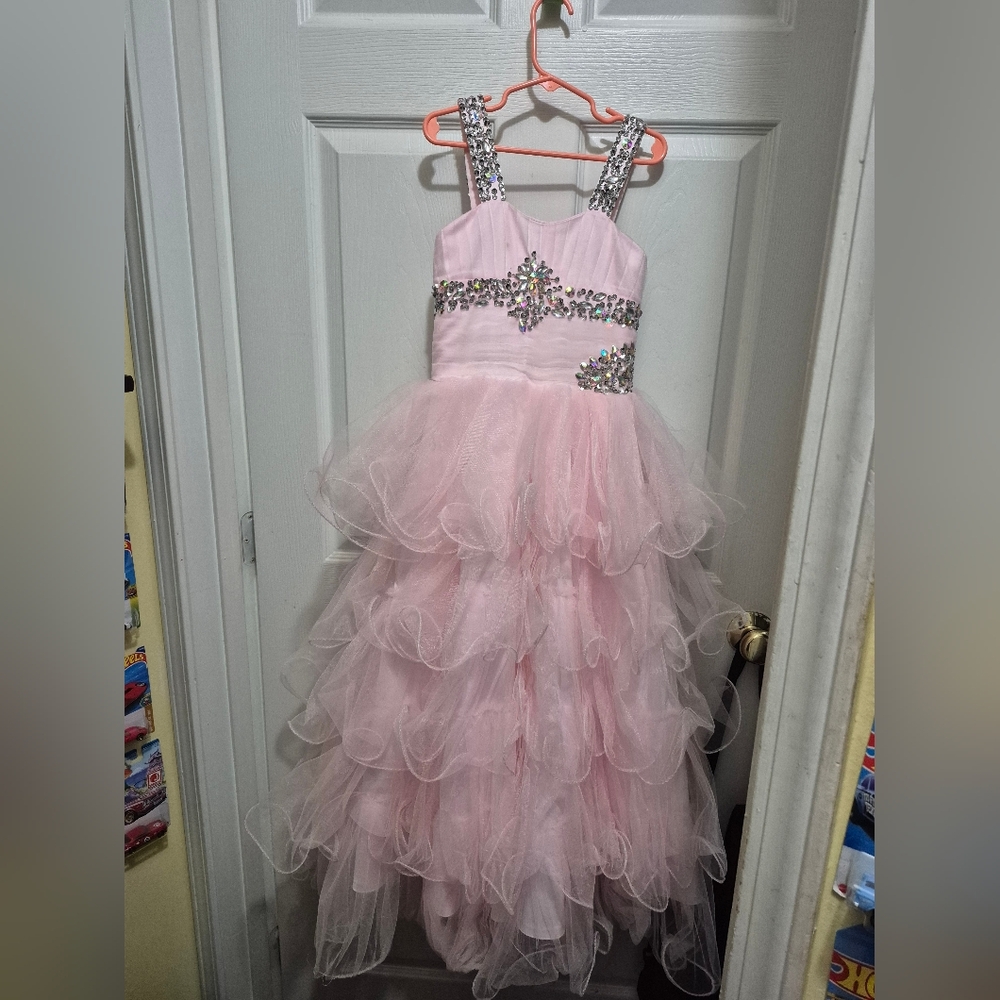 Pink Ruffled Tulle Pageant Dress with Jewel Accents